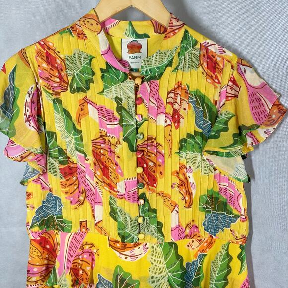 FARM RIO Beaks & Bananas Ruffle Flowy Casual Summer Mini Dress Small - Picture 11 of 13